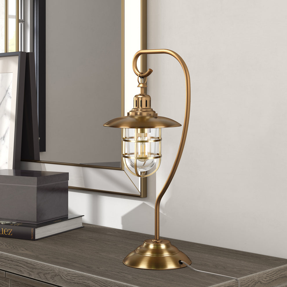 Antiqued Brass Metal Arched Table Lamp With Brass Cage Shade By Homeroots | Table Lamps | Modishstore - 5