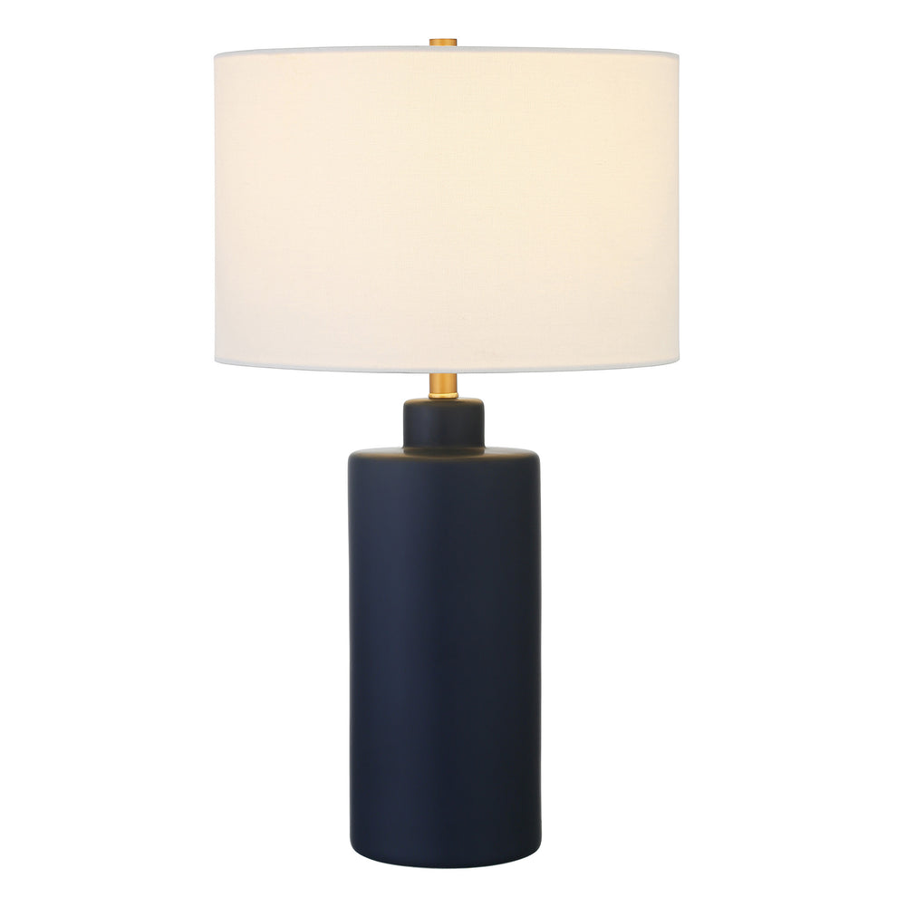 Navy Blue Ceramic Cylinder Table Lamp With White Drum Shade By Homeroots | Table Lamps | Modishstore - 2
