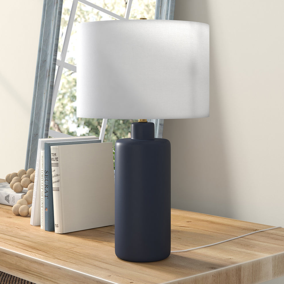 Navy Blue Ceramic Cylinder Table Lamp With White Drum Shade By Homeroots | Table Lamps | Modishstore - 3