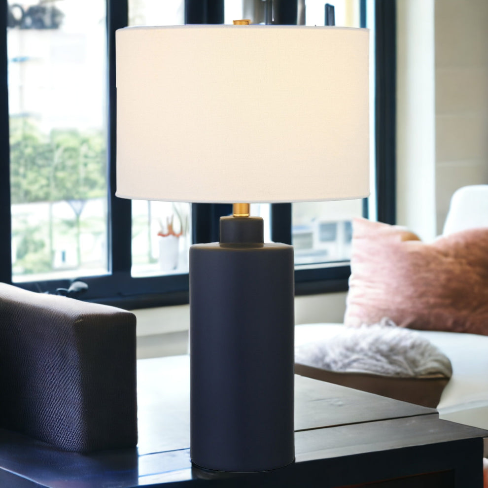 Navy Blue Ceramic Cylinder Table Lamp With White Drum Shade By Homeroots | Table Lamps | Modishstore - 7