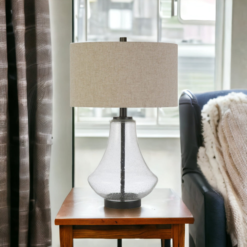 Black Glass Table Lamp With Flax Drum Shade By Homeroots | Table Lamps | Modishstore - 2