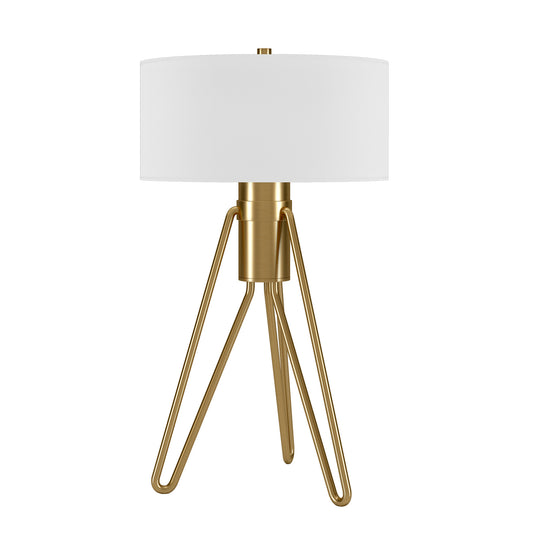 Brass Metal Two Light Tripod Table Lamp With White Drum Shade By Homeroots | Table Lamps | Modishstore - 1