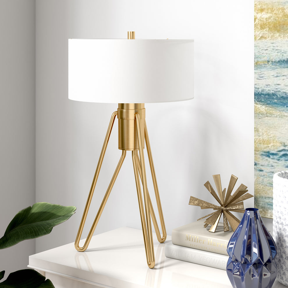 Brass Metal Two Light Tripod Table Lamp With White Drum Shade By Homeroots | Table Lamps | Modishstore - 3