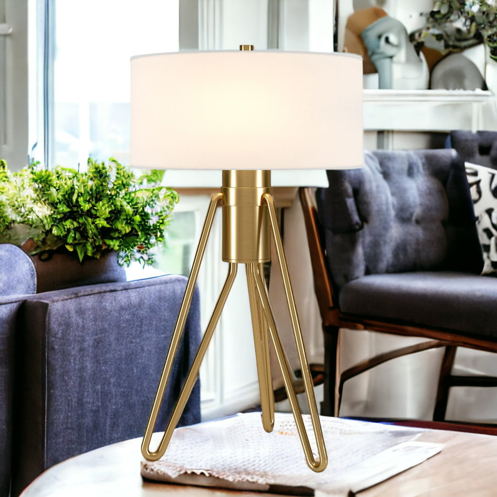 Brass Metal Two Light Tripod Table Lamp With White Drum Shade By Homeroots | Table Lamps | Modishstore - 2