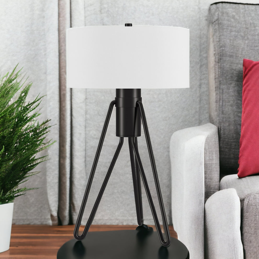Black Metal Two Light Tripod Table Lamp With White Drum Shade By Homeroots | Table Lamps | Modishstore - 2