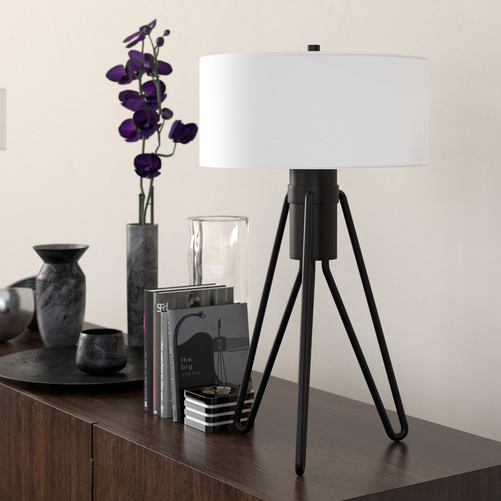 Black Metal Two Light Tripod Table Lamp With White Drum Shade By Homeroots | Table Lamps | Modishstore - 3