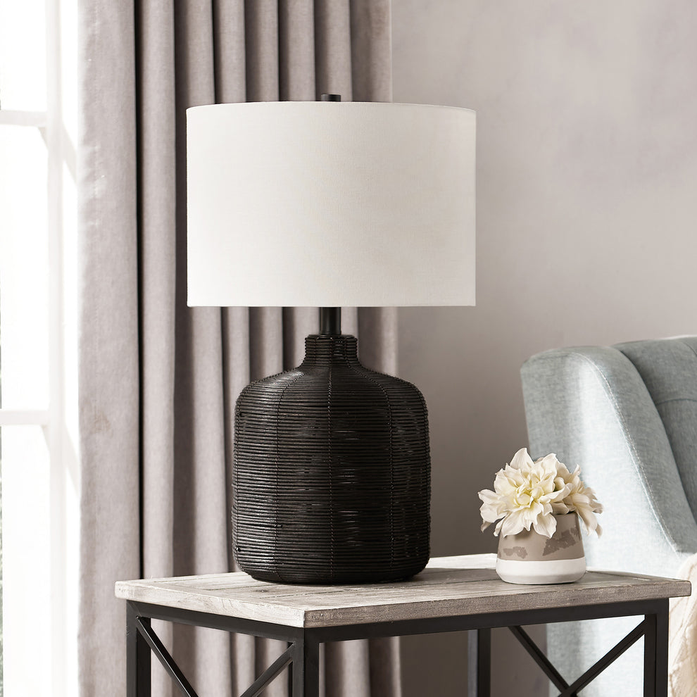 Black Rattan Table Lamp With White Drum Shade By Homeroots | Table Lamps | Modishstore - 2