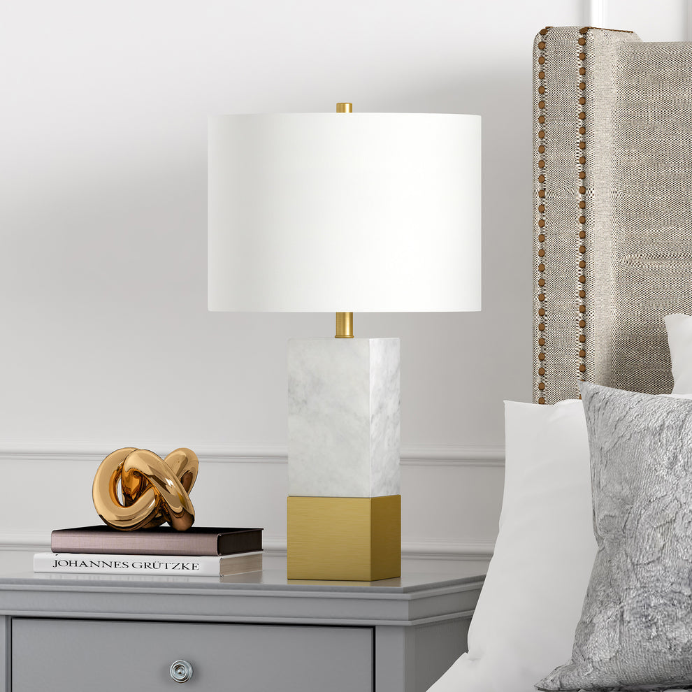 Gold and White Marble Table Lamp With White Drum Shade By Homeroots | Table Lamps | Modishstore - 2