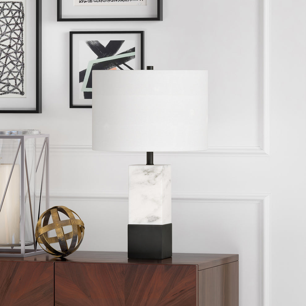 Black and White Marble Table Lamp With White Drum Shade By Homeroots | Table Lamps | Modishstore - 3