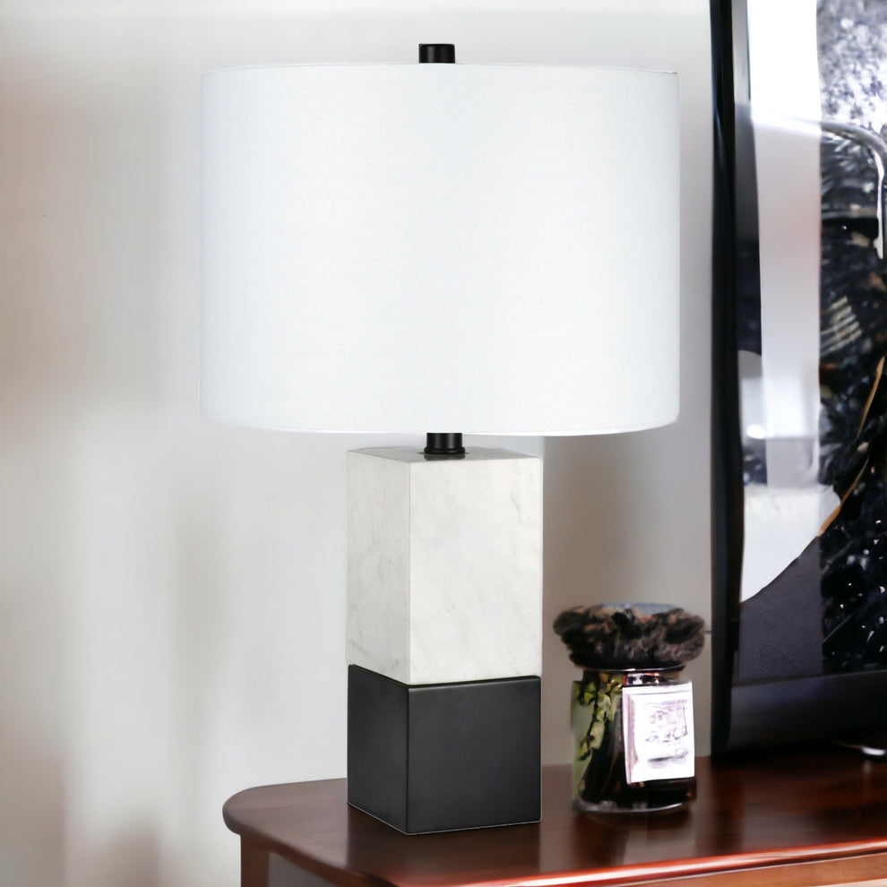 Black and White Marble Table Lamp With White Drum Shade By Homeroots | Table Lamps | Modishstore - 8