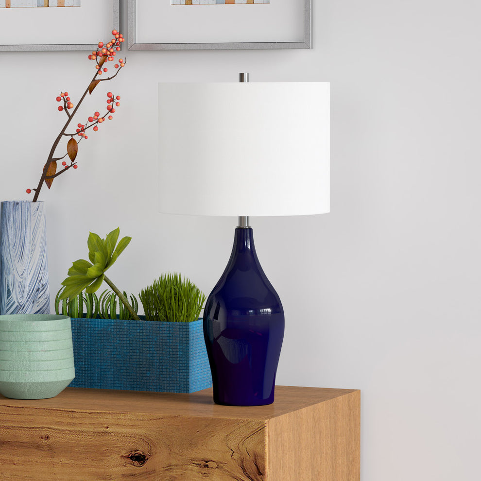Navy Blue Porcelain Table Lamp With White Drum Shade By Homeroots | Table Lamps | Modishstore - 2