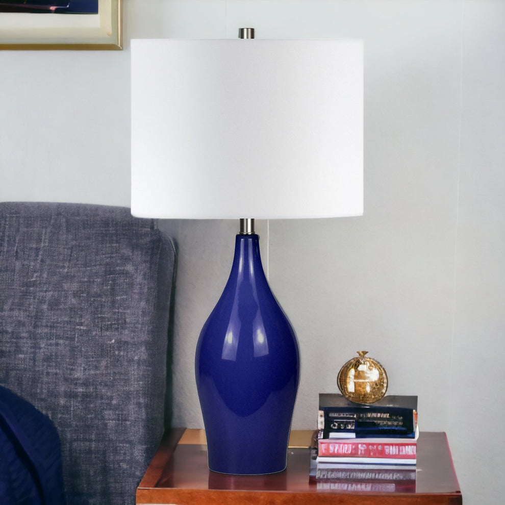 Navy Blue Porcelain Table Lamp With White Drum Shade By Homeroots | Table Lamps | Modishstore - 8