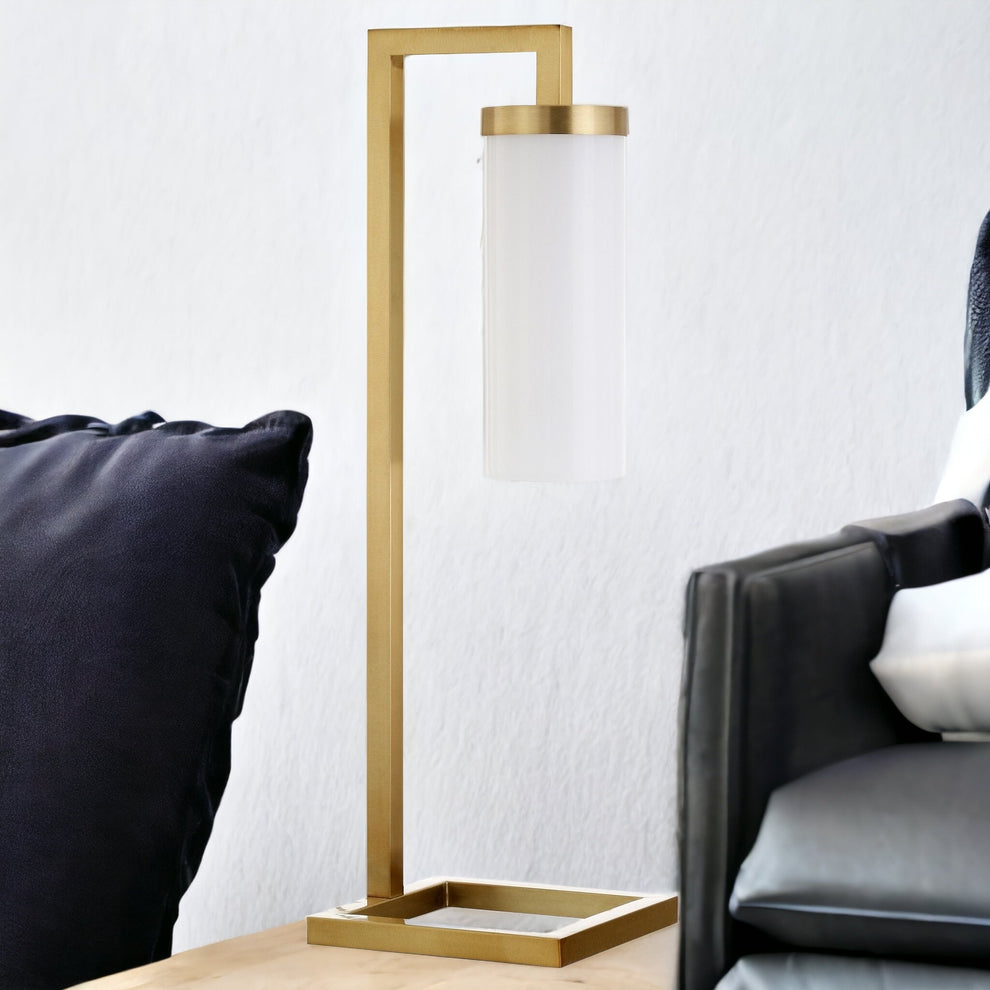 Brass Metal Arched Table Lamp With White Cylinder Shade By Homeroots | Table Lamps | Modishstore - 2
