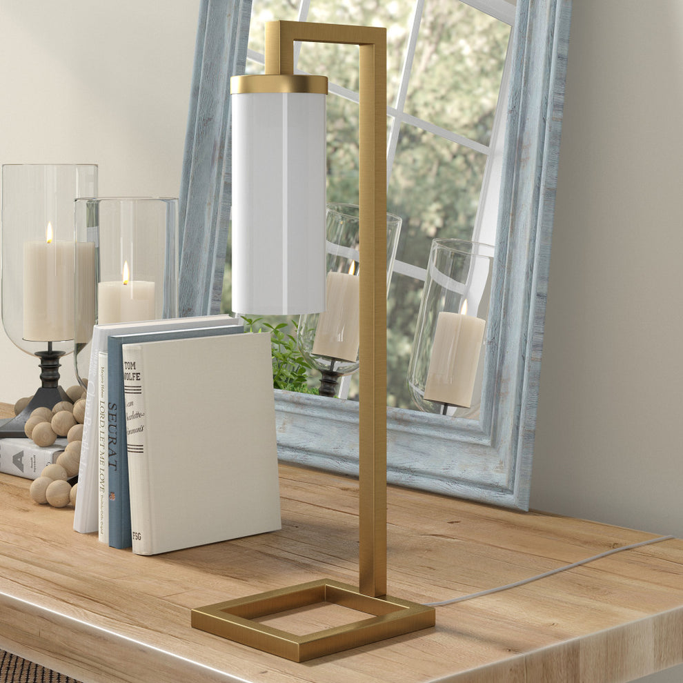 Brass Metal Arched Table Lamp With White Cylinder Shade By Homeroots | Table Lamps | Modishstore - 4