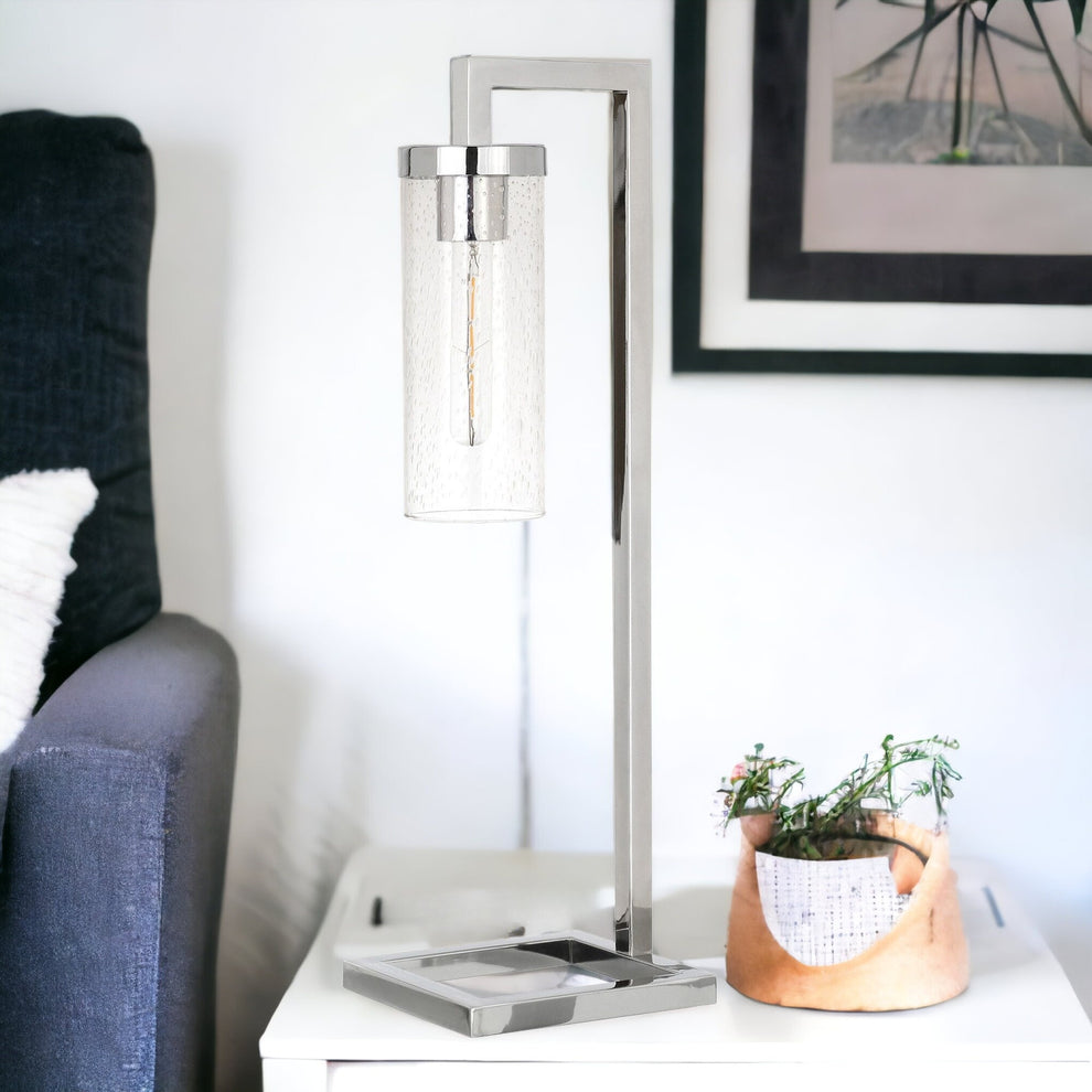 Nickel Metal Arched Table Lamp With Clear Seeded Cylinder Shade By Homeroots | Table Lamps | Modishstore - 3