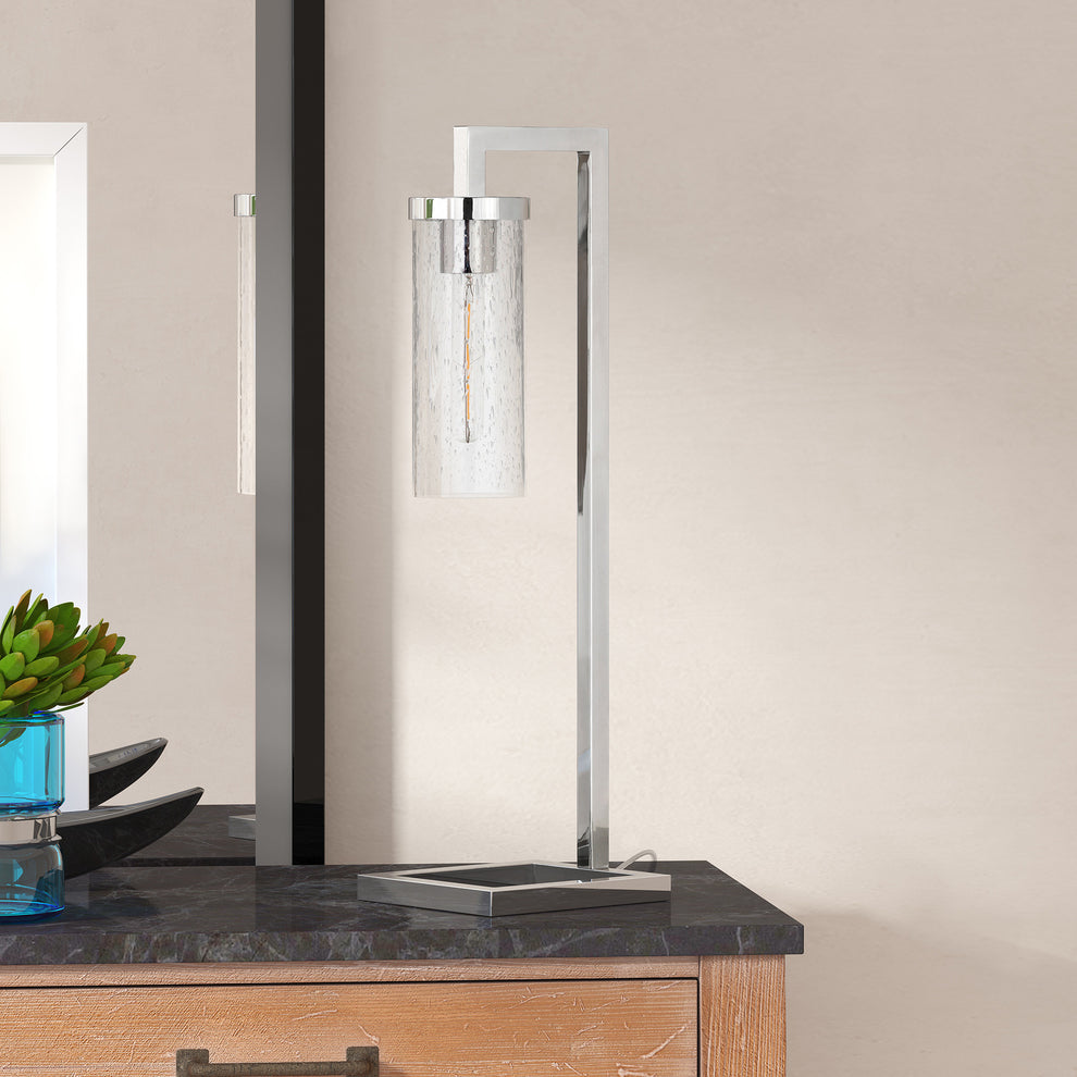 Nickel Metal Arched Table Lamp With Clear Seeded Cylinder Shade By Homeroots | Table Lamps | Modishstore - 5