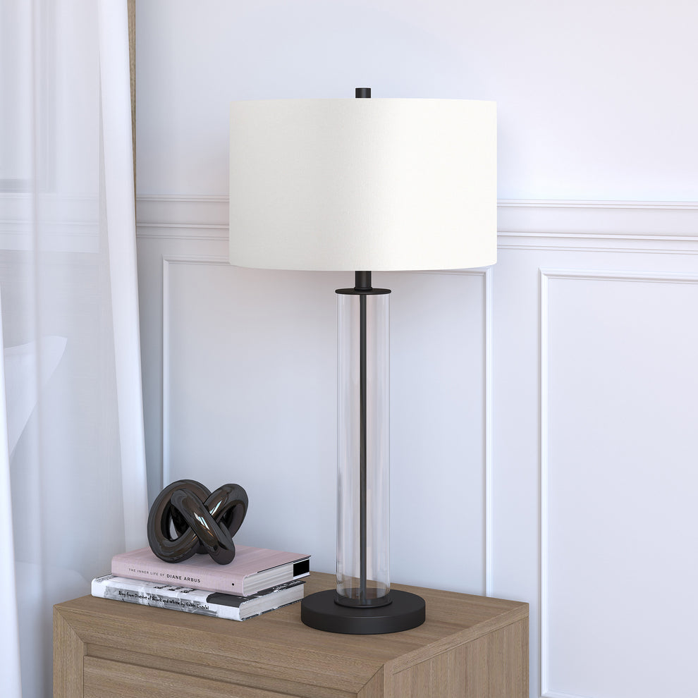 Black Glass Table Lamp With White Drum Shade By Homeroots | Table Lamps | Modishstore - 3