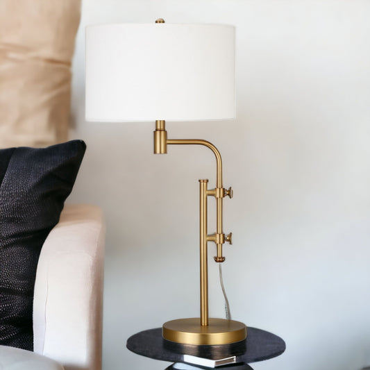 Brass Metal Adjustable Table Lamp With White Drum Shade By Homeroots | Table Lamps | Modishstore - 1