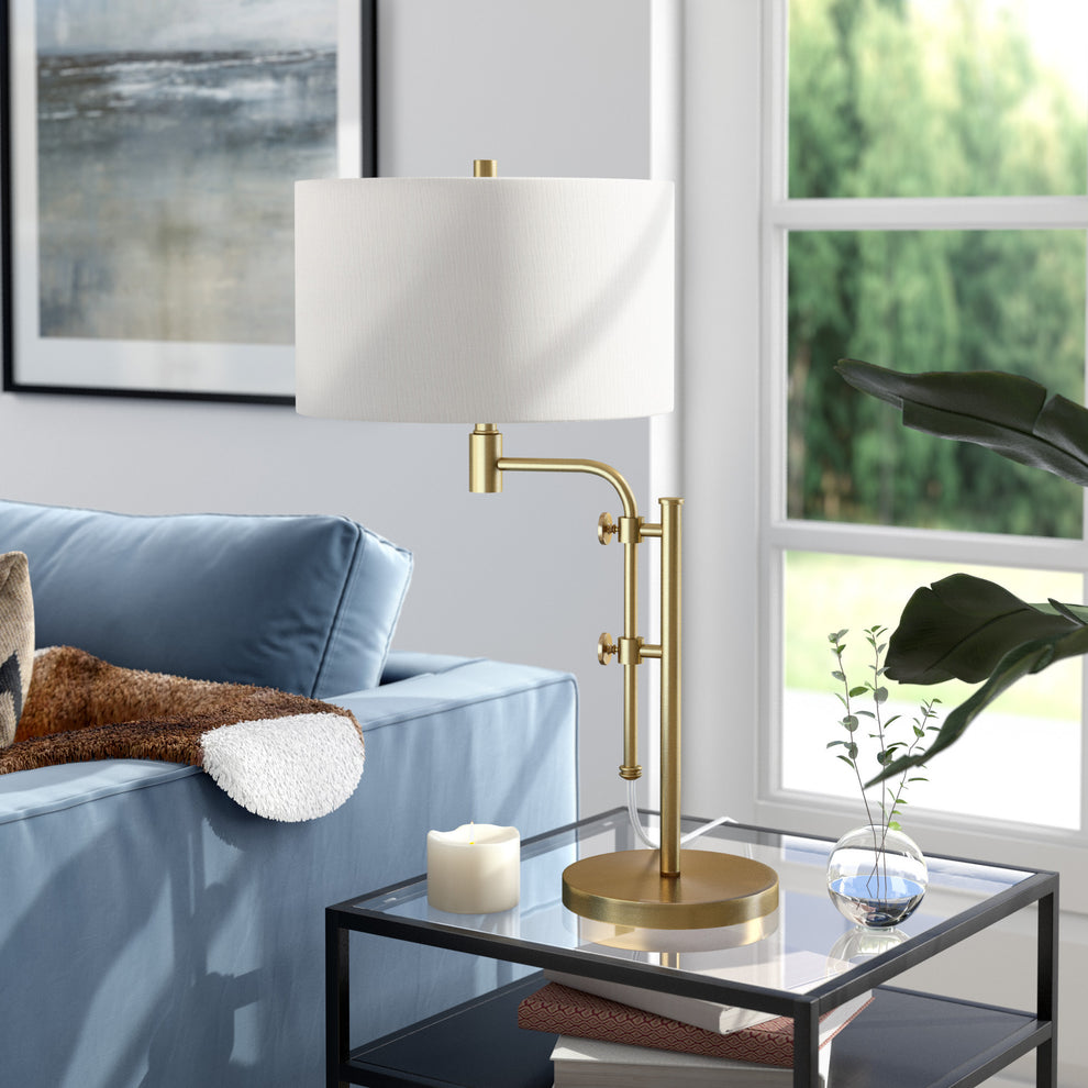 Brass Metal Adjustable Table Lamp With White Drum Shade By Homeroots | Table Lamps | Modishstore - 2