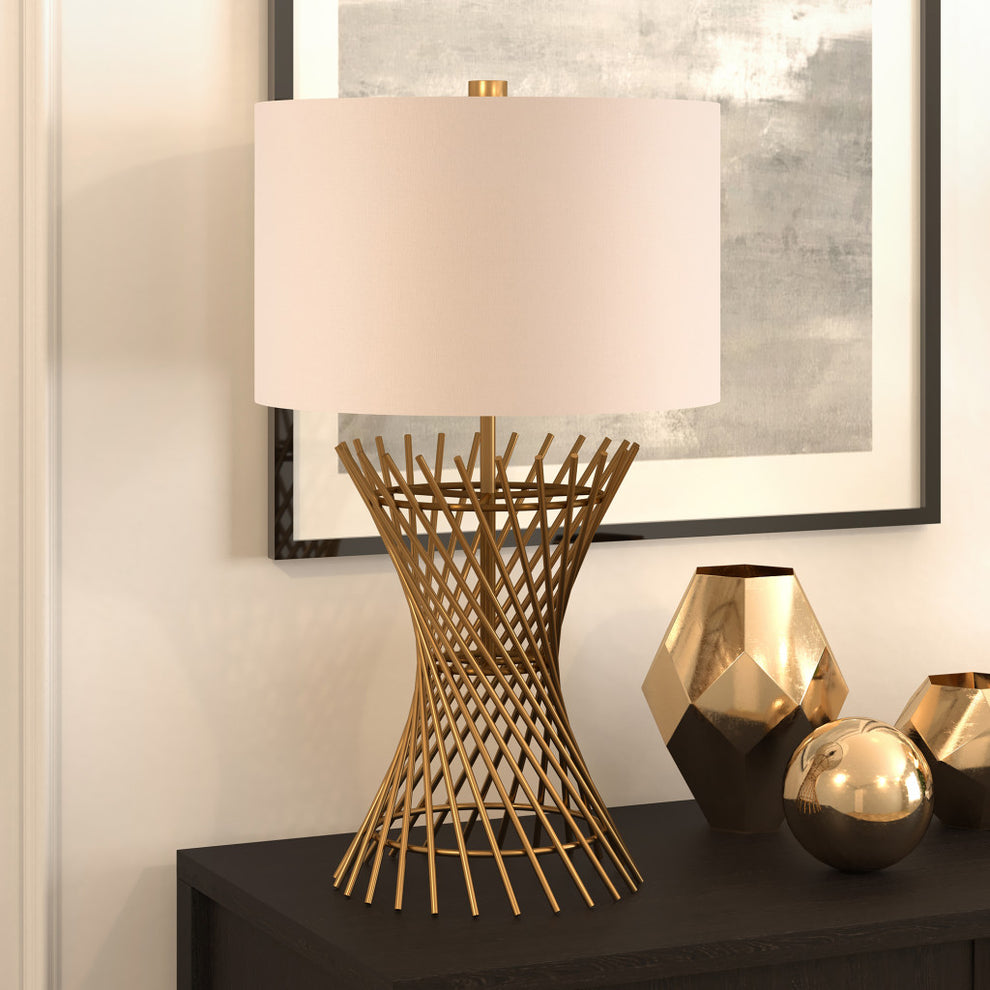 Antiqued Brass Metal Adjustable Table Lamp With White Drum Shade By Homeroots | Table Lamps | Modishstore - 4