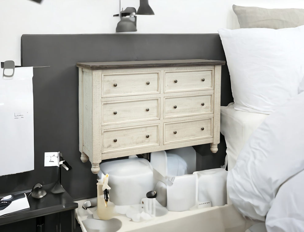 Gray and Ivory Solid Wood Six Drawer Triple Dresser By Homeroots | Dressers | Modishstore - 6