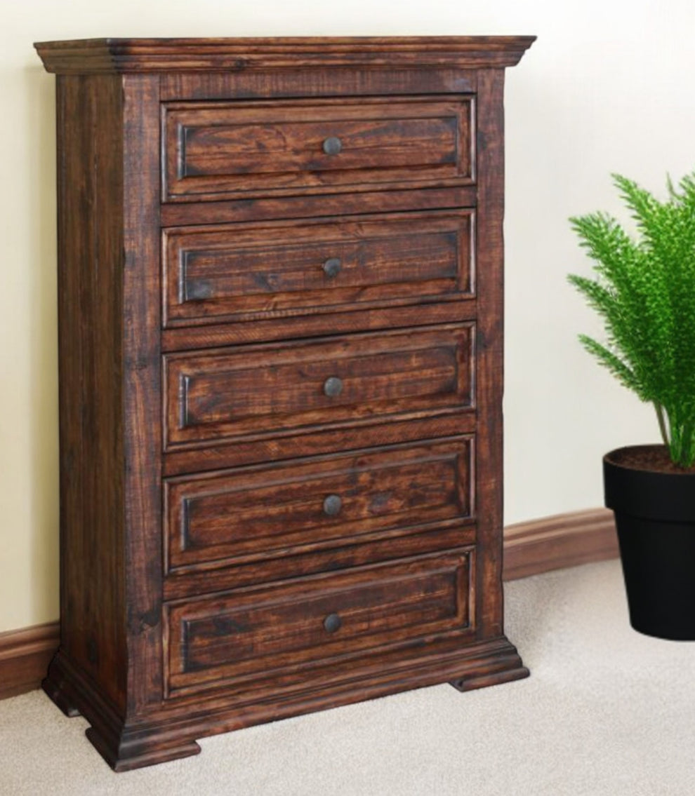 Chocolate Solid Wood Five Drawer Chest By Homeroots | Dressers | Modishstore - 2