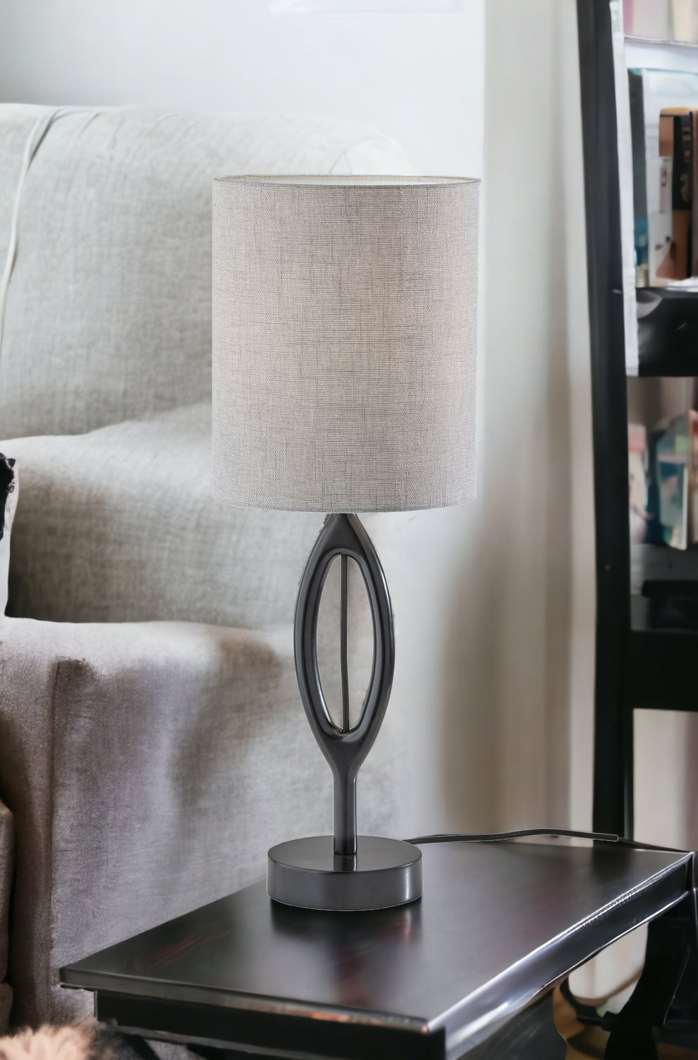 Black Solid Wood Round Table Lamp With Gray Drum Shade By Homeroots | Table Lamps | Modishstore - 6