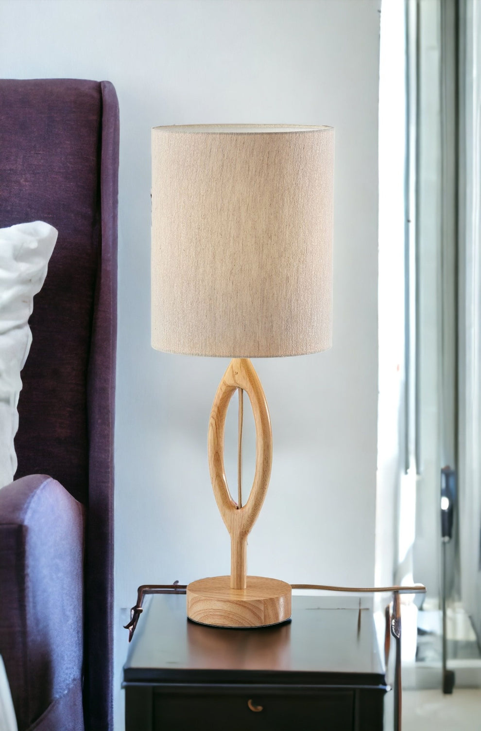 Natural Solid Wood Round Table Lamp With Beige Drum Shade By Homeroots | Table Lamps | Modishstore - 2