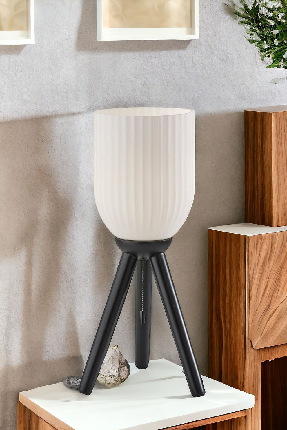 Black Solid Wood Tripod Table Lamp With White Ribbed Glass Shade By Homeroots | Table Lamps | Modishstore - 2