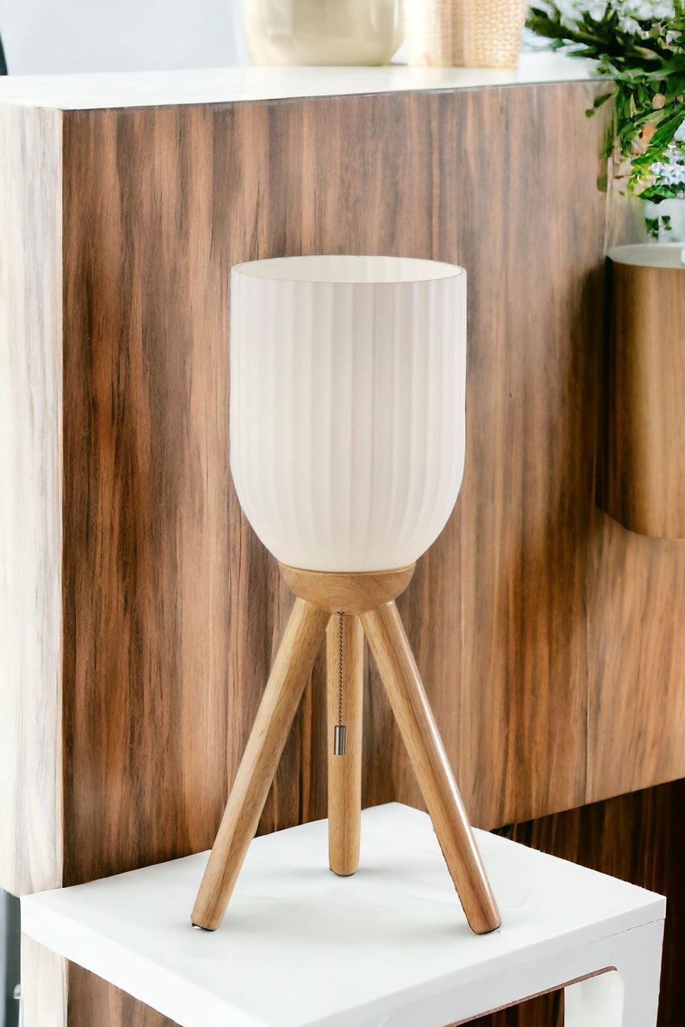 Natural Solid Wood Tripod Table Lamp With White Ribbed Glass Shade By Homeroots | Table Lamps | Modishstore - 2