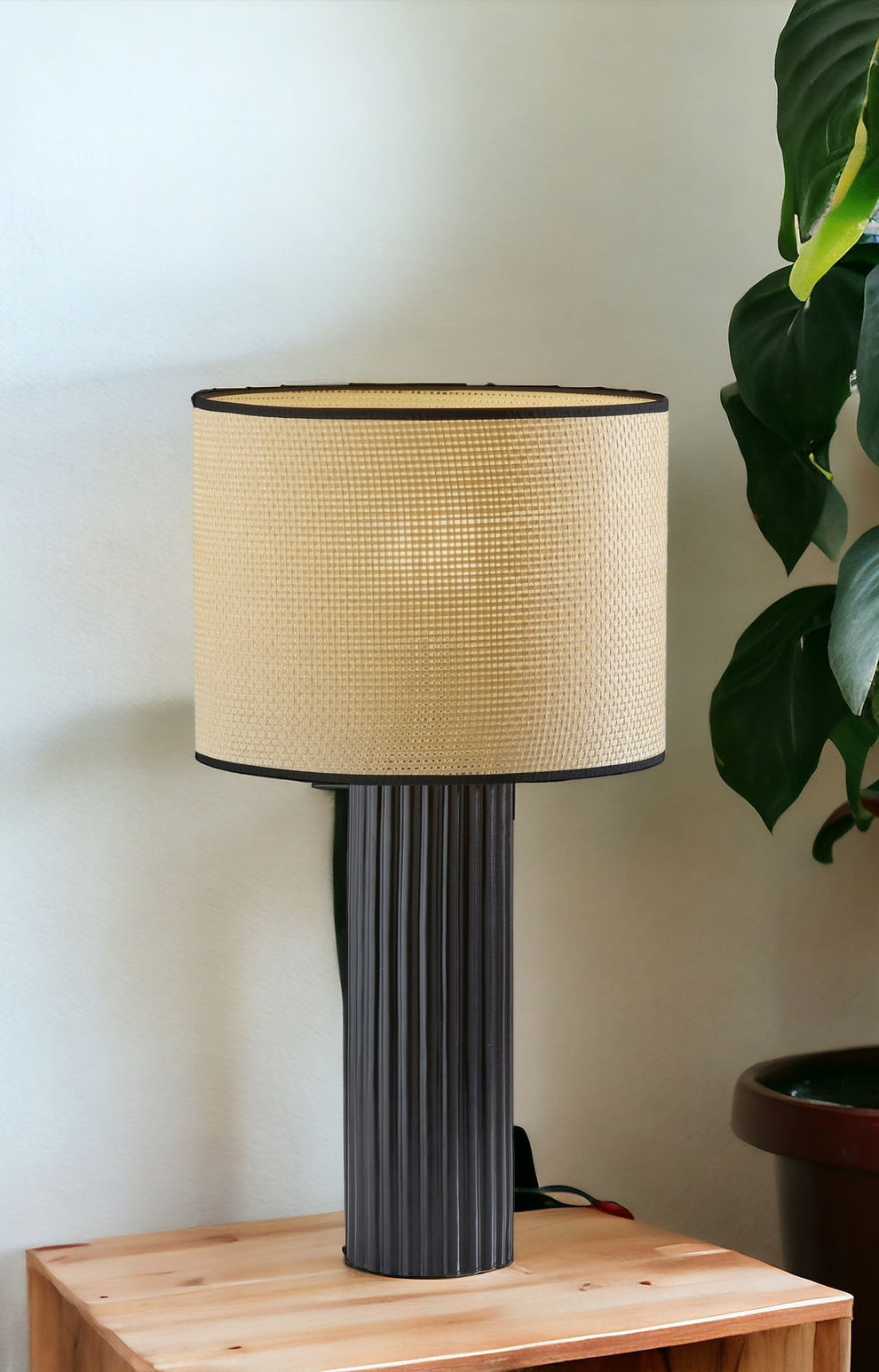 Black Ceramic Cylinder Table Lamp With Beige Drum Shade By Homeroots | Table Lamps | Modishstore - 2