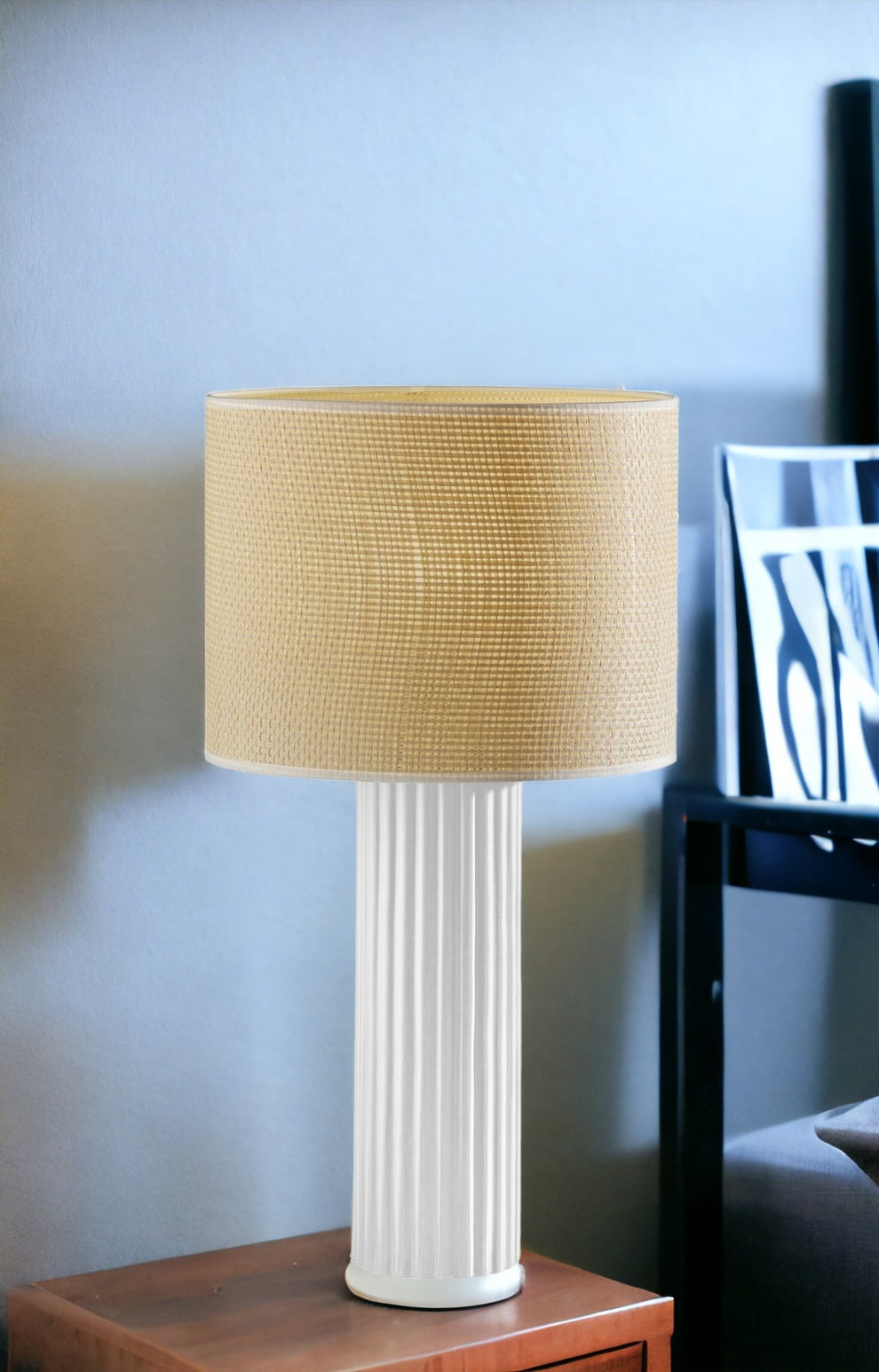 White Ceramic Cylinder Table Lamp With Beige Drum Shade By Homeroots | Table Lamps | Modishstore - 2