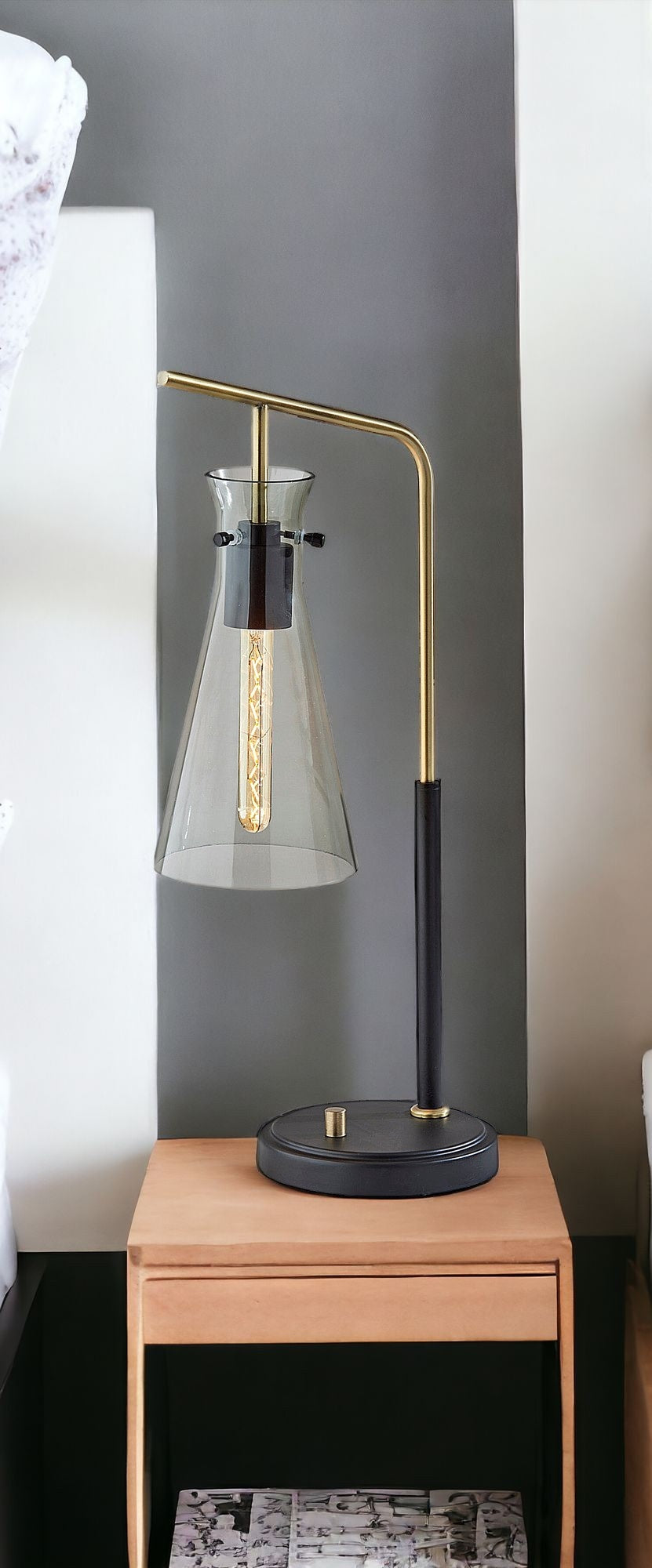 Black and Gold Metal Desk Lamp With Light Gray Cone Shade By Homeroots | Table Lamps | Modishstore - 2