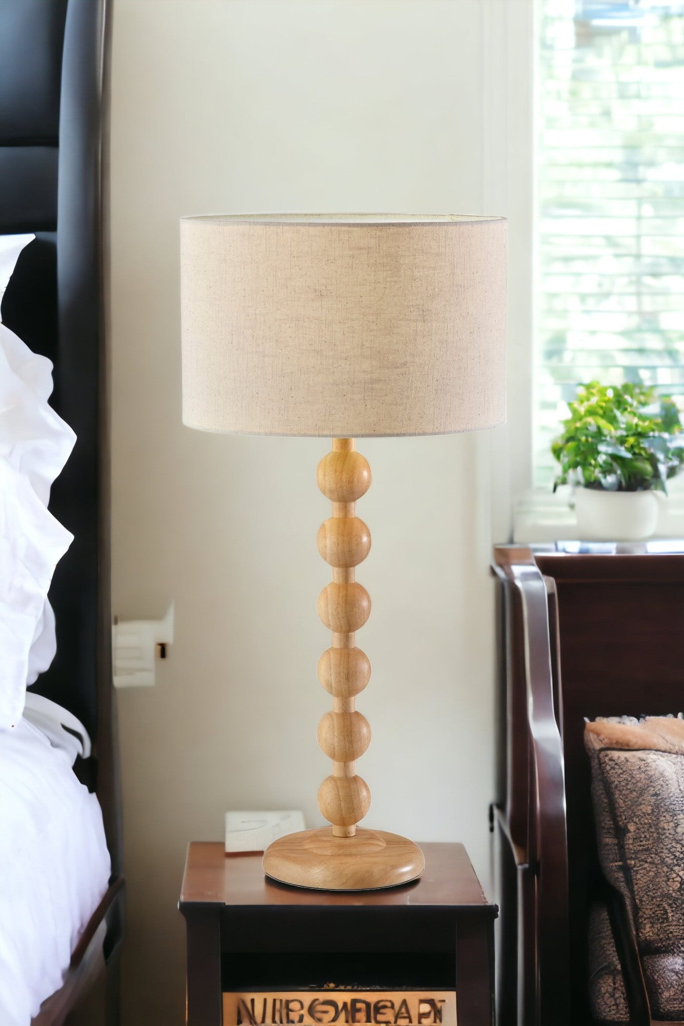 Brown Solid Wood Candlestick Table Lamp With Off White Drum Shade By Homeroots | Table Lamps | Modishstore - 2