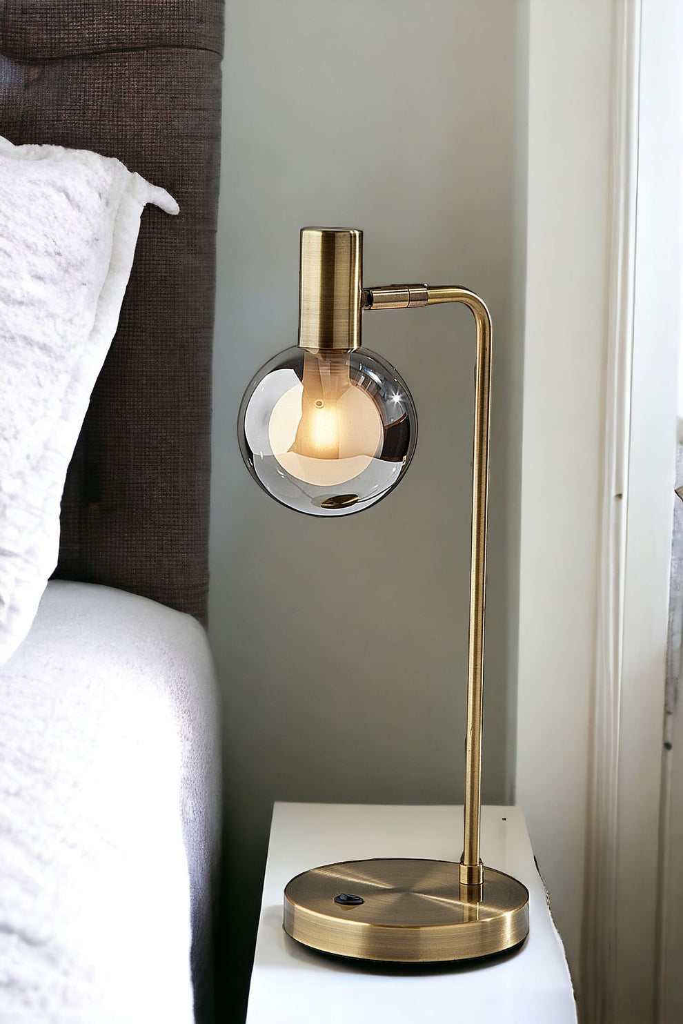 Antiqued Brass Metal Cylinder Desk Table Lamp With Gray Globe Shade With Starling LED Bulb By Homeroots | Table Lamps | Modishstore - 2