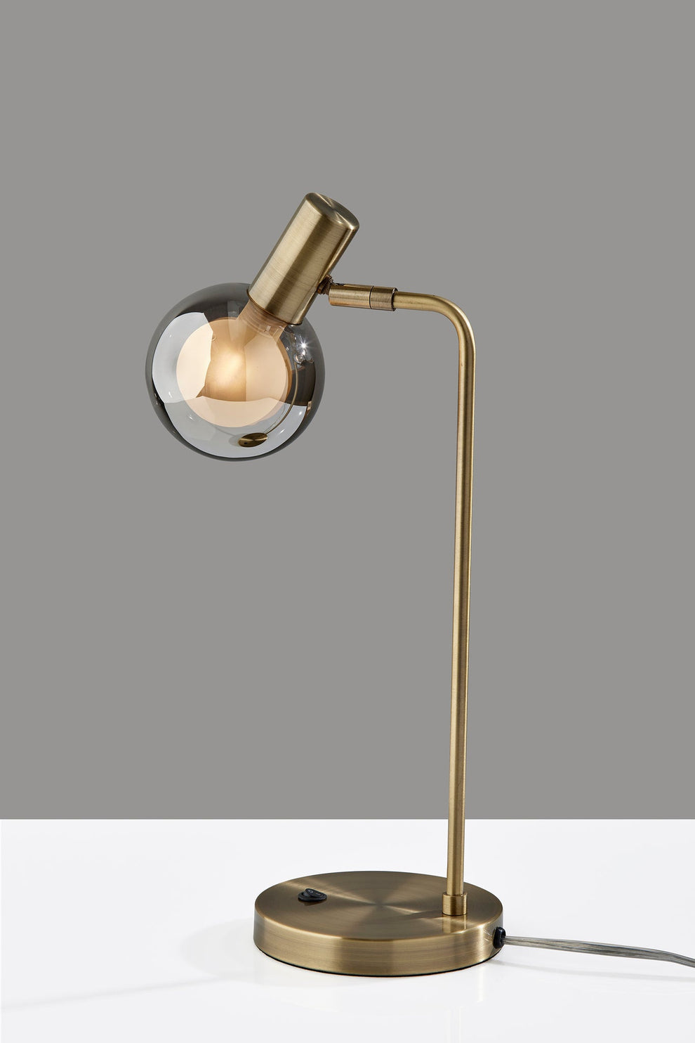 Antiqued Brass Metal Cylinder Desk Table Lamp With Gray Globe Shade With Starling LED Bulb By Homeroots | Table Lamps | Modishstore - 4