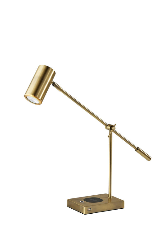 Antiqued Brass Metal Novelty Desk LED USB Table Lamp With Brass Drum Shade By Homeroots | Table Lamps | Modishstore - 1