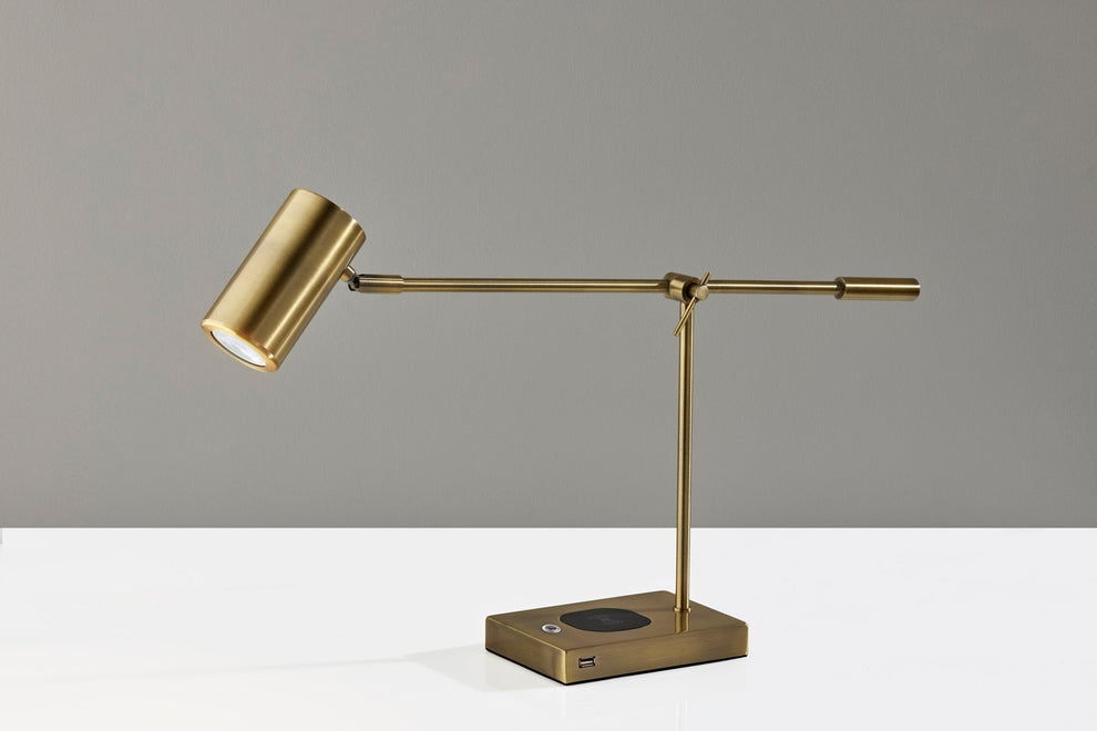 Antiqued Brass Metal Novelty Desk LED USB Table Lamp With Brass Drum Shade By Homeroots | Table Lamps | Modishstore - 6