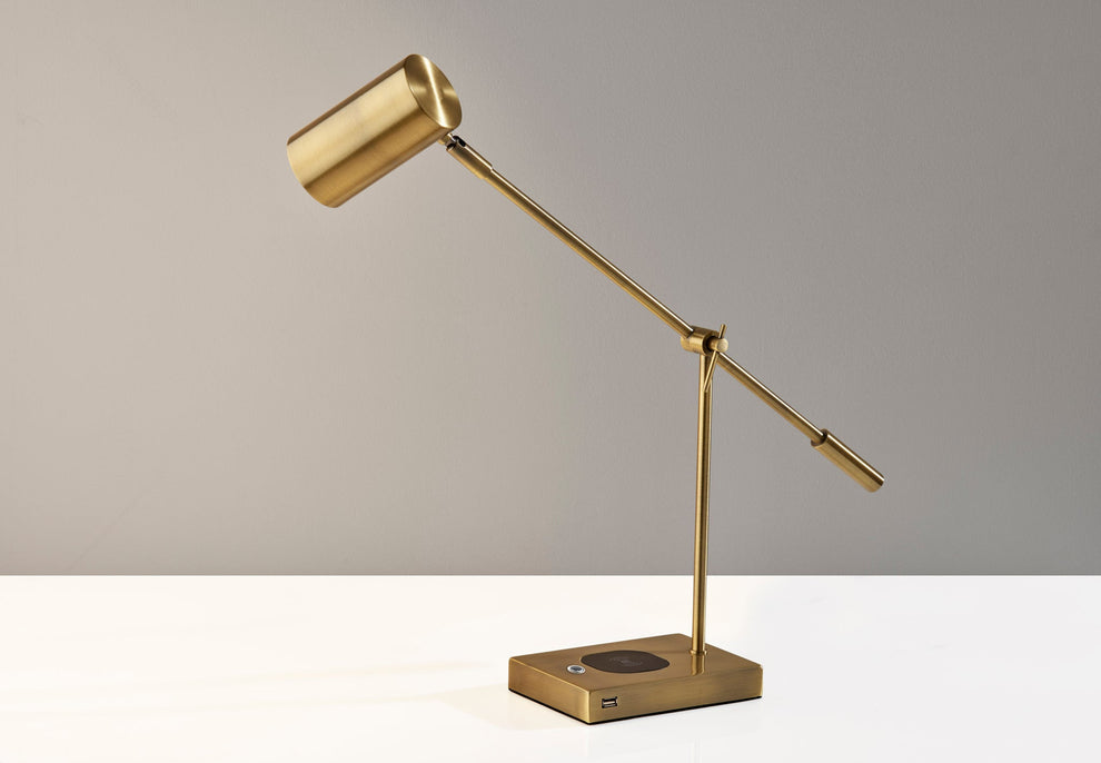 Antiqued Brass Metal Novelty Desk LED USB Table Lamp With Brass Drum Shade By Homeroots | Table Lamps | Modishstore - 5