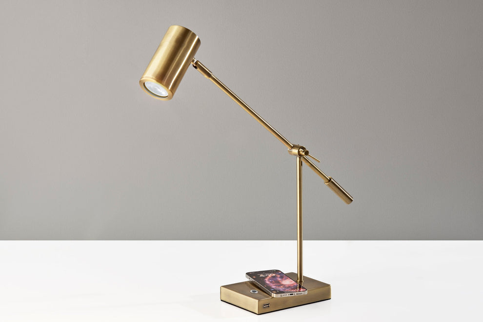 Antiqued Brass Metal Novelty Desk LED USB Table Lamp With Brass Drum Shade By Homeroots | Table Lamps | Modishstore - 4