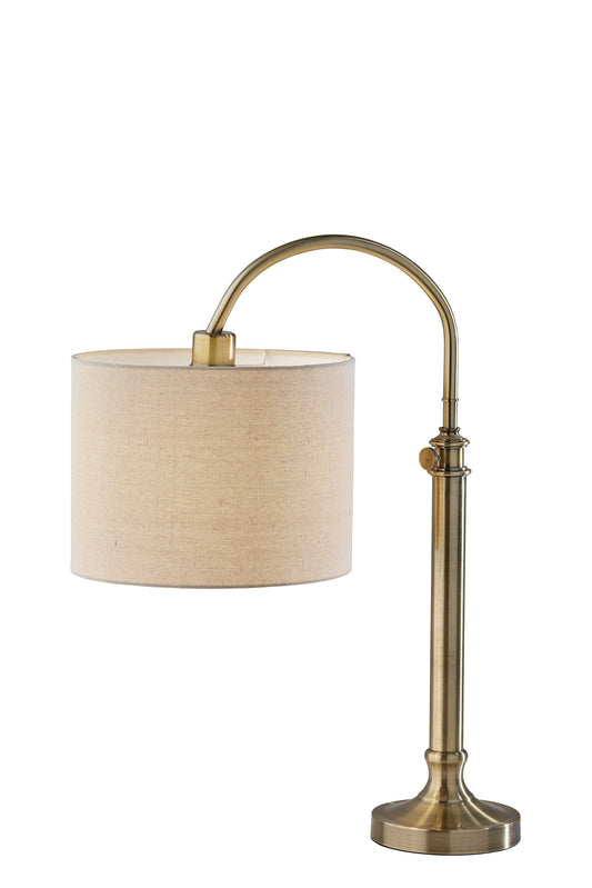 Antiqued Brass Metal Adjustable Arched Lamp With Beige Drum Shade By Homeroots | Table Lamps | Modishstore - 1