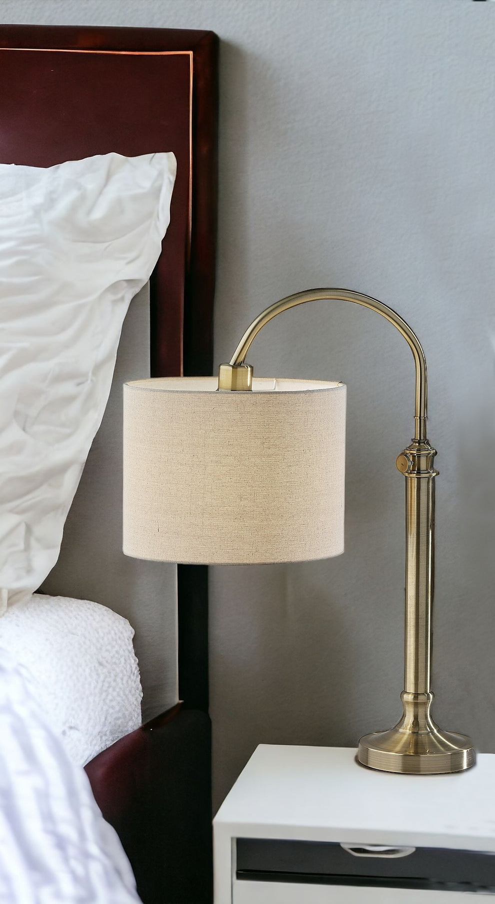 Antiqued Brass Metal Adjustable Arched Lamp With Beige Drum Shade By Homeroots | Table Lamps | Modishstore - 2