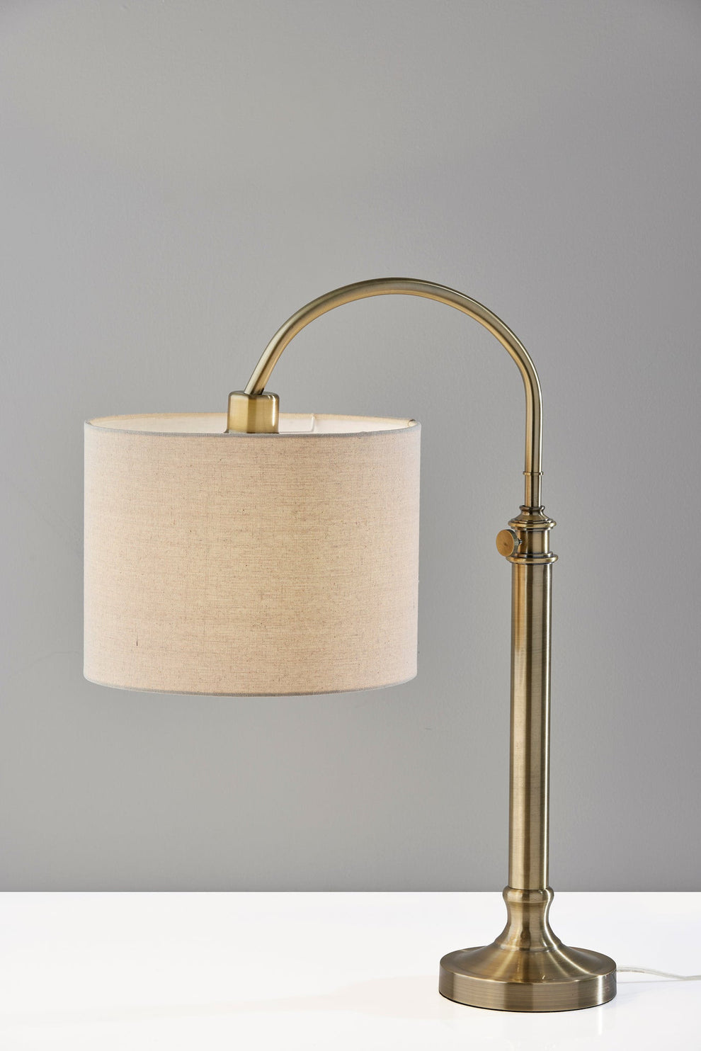Antiqued Brass Metal Adjustable Arched Lamp With Beige Drum Shade By Homeroots | Table Lamps | Modishstore - 6