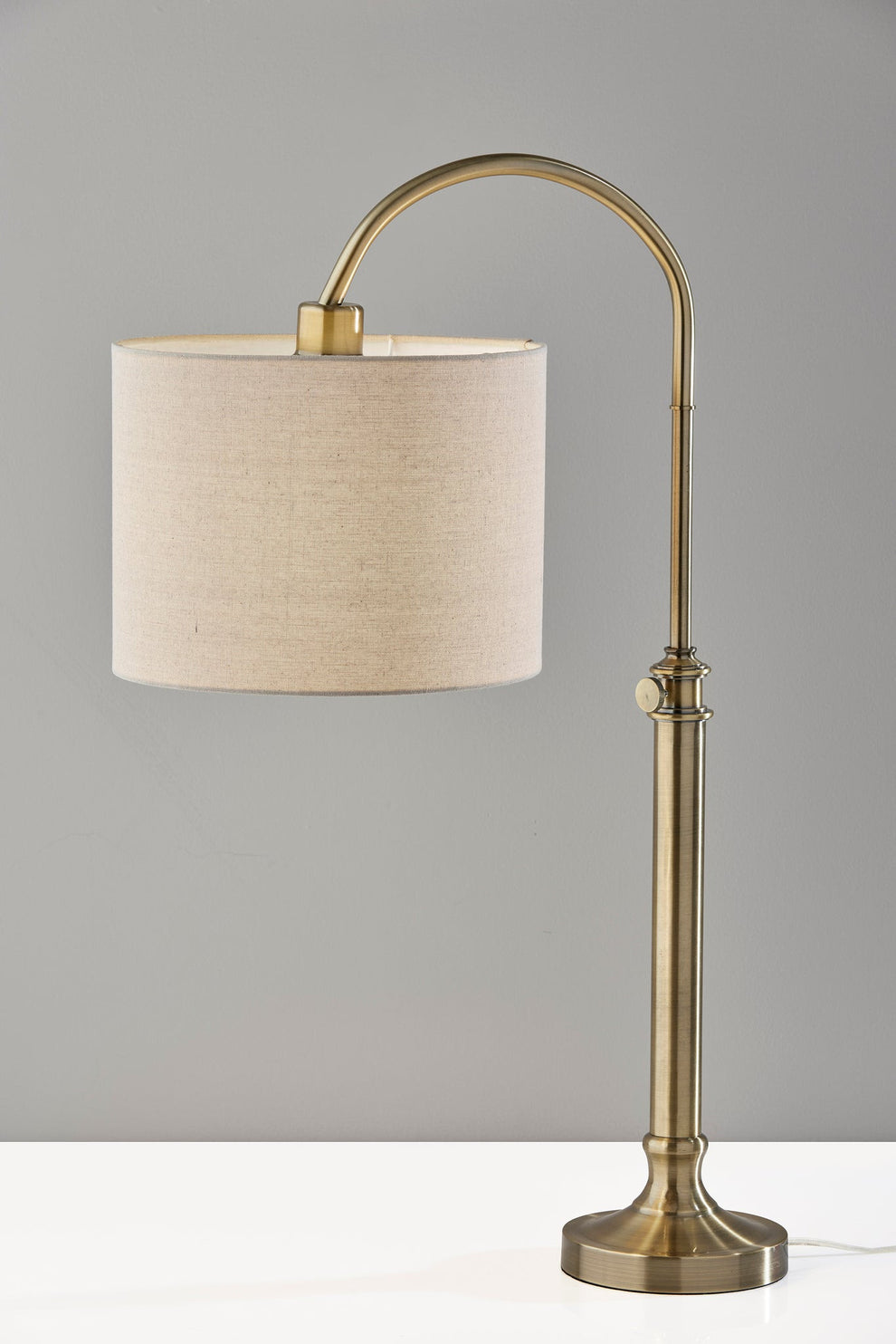 Antiqued Brass Metal Adjustable Arched Lamp With Beige Drum Shade By Homeroots | Table Lamps | Modishstore - 4