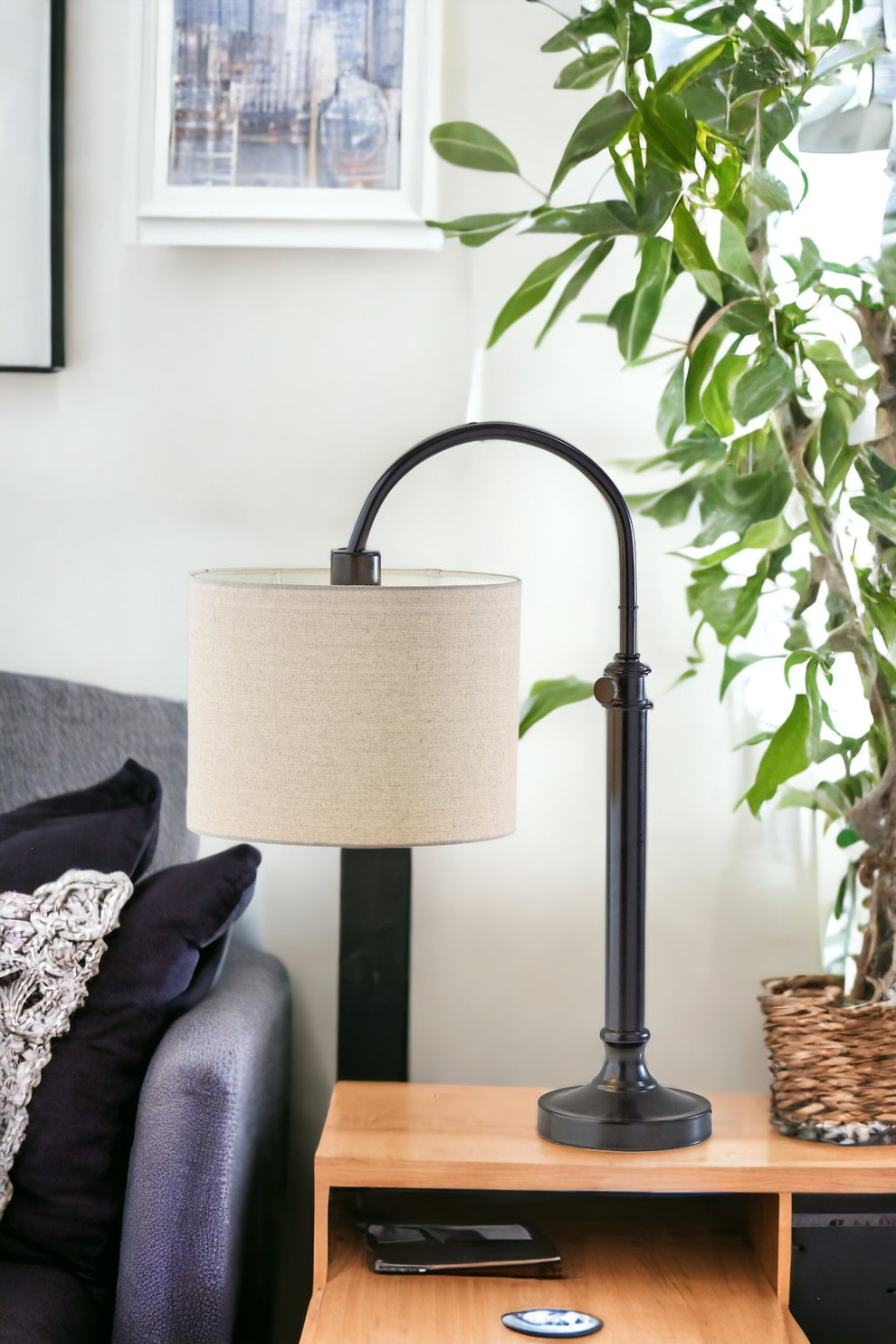 Black Metal Adjustable Arched Lamp With Beige Drum Shade By Homeroots | Table Lamps | Modishstore - 2