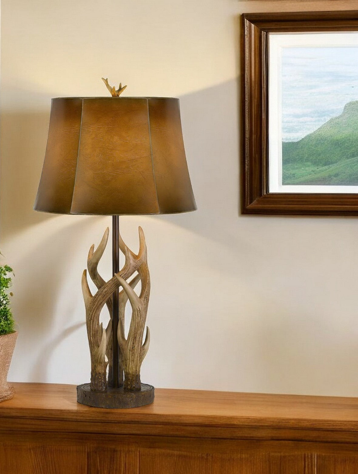 Brown Antlers Table Lamp With Brown Drum Shade By Homeroots | Table Lamps | Modishstore - 1