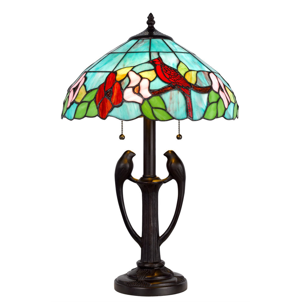 Bronze Two Light Tiffany Table Lamp With Aqua and Red Floral Shade By Homeroots | Table Lamps | Modishstore - 5