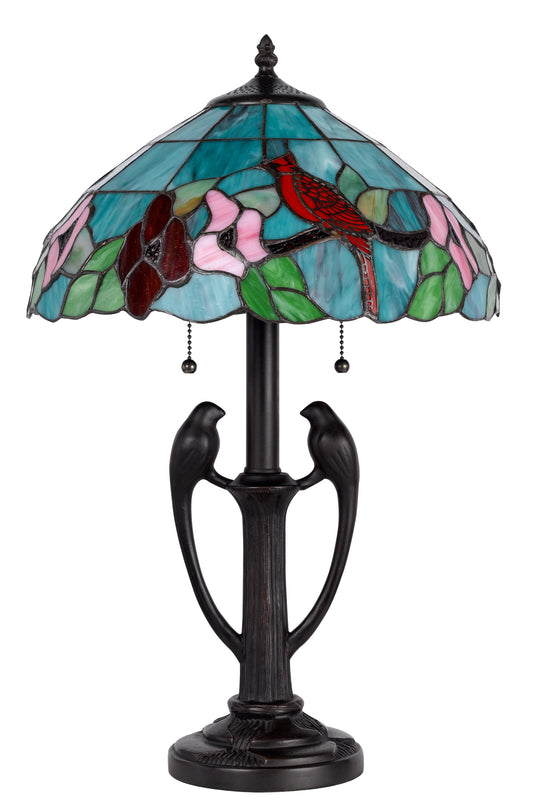 Bronze Two Light Tiffany Table Lamp With Aqua and Red Floral Shade By Homeroots | Table Lamps | Modishstore - 1