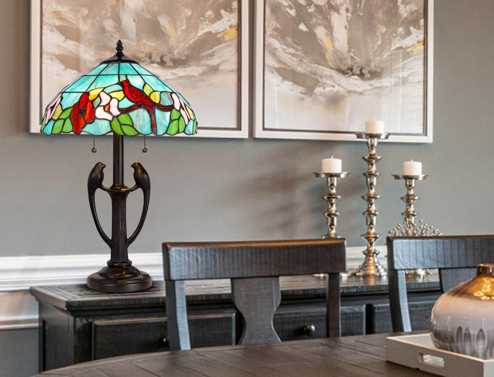 Bronze Two Light Tiffany Table Lamp With Aqua and Red Floral Shade By Homeroots | Table Lamps | Modishstore - 2