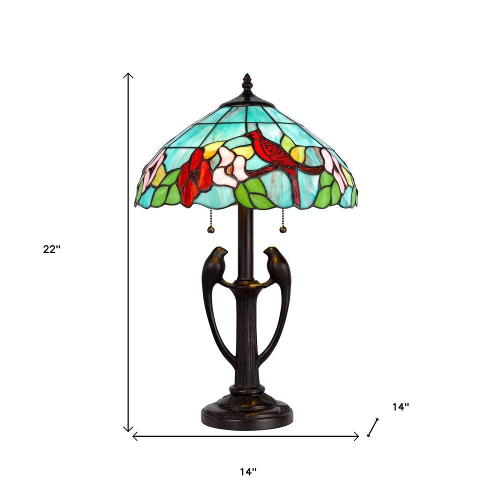 Bronze Two Light Tiffany Table Lamp With Aqua and Red Floral Shade By Homeroots | Table Lamps | Modishstore - 4